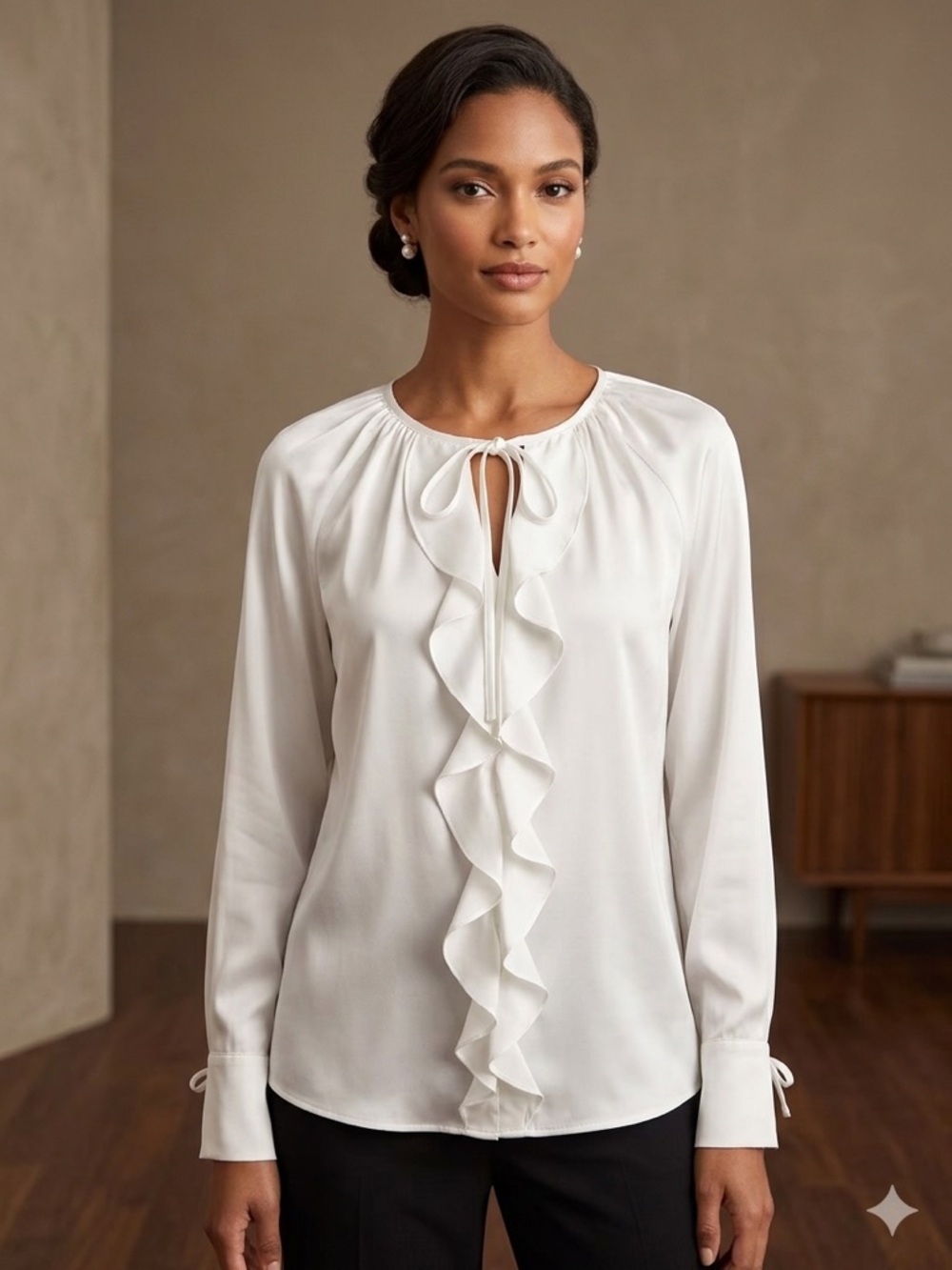 Women's White Ruffle Tie-Neck Blouse NWOT